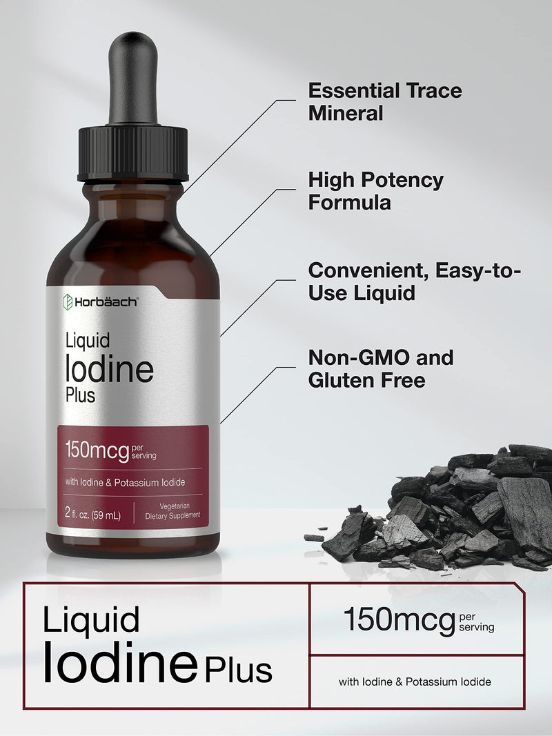 Horbäach Liquid Iodine Solution Drops | 2 fl oz | 150 mcg | Iodine & Potassium Iodide Supplement | Vegetarian, Non-GMO, Gluten Free Liquid Tincture