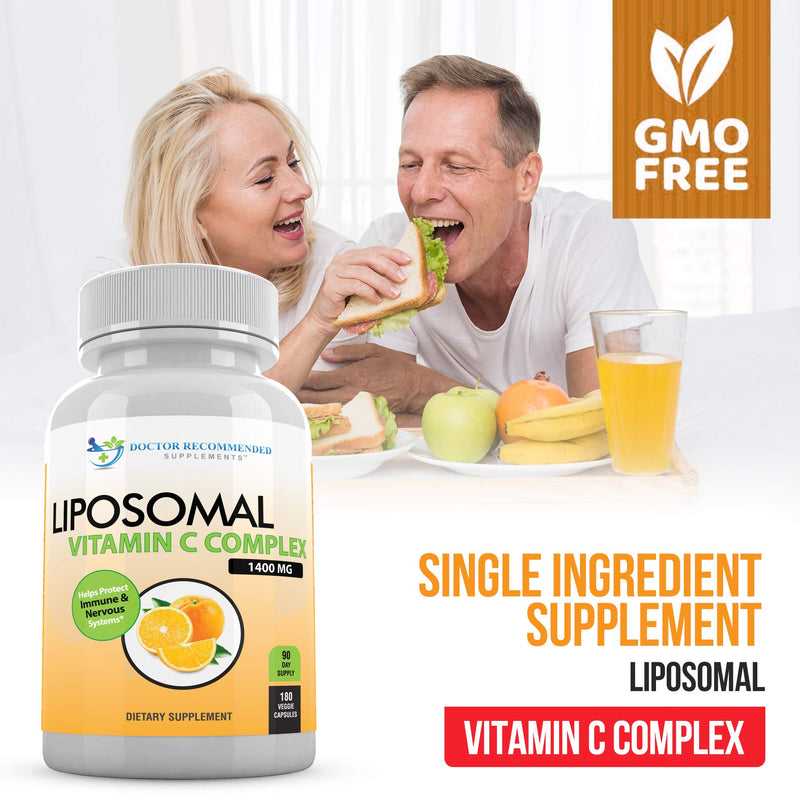 Liposomal Vitamin C 1400mg Per Serving - 180 Veggie Capsules High Absorption Ascorbic Acid, Lypo-Spheric Vitamin C Complex Immune Support Supplement with Powerful Antioxidants and Collagen Booster 180 Count (Pack of 1)