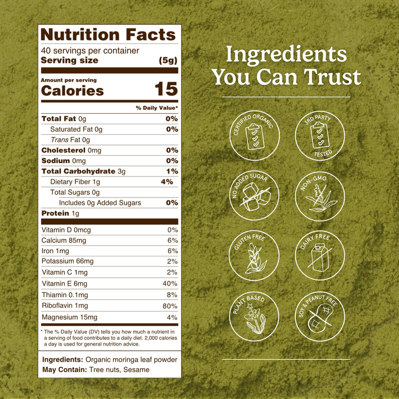 Organic Traditions Moringa Leaf Powder, Green Superfood for Smoothies, 7oz | Rich in Natural Vitamins and Minerals, Traditionally Used for Daily Well Being, Vegan Non GMO Green Powder for Smoothies