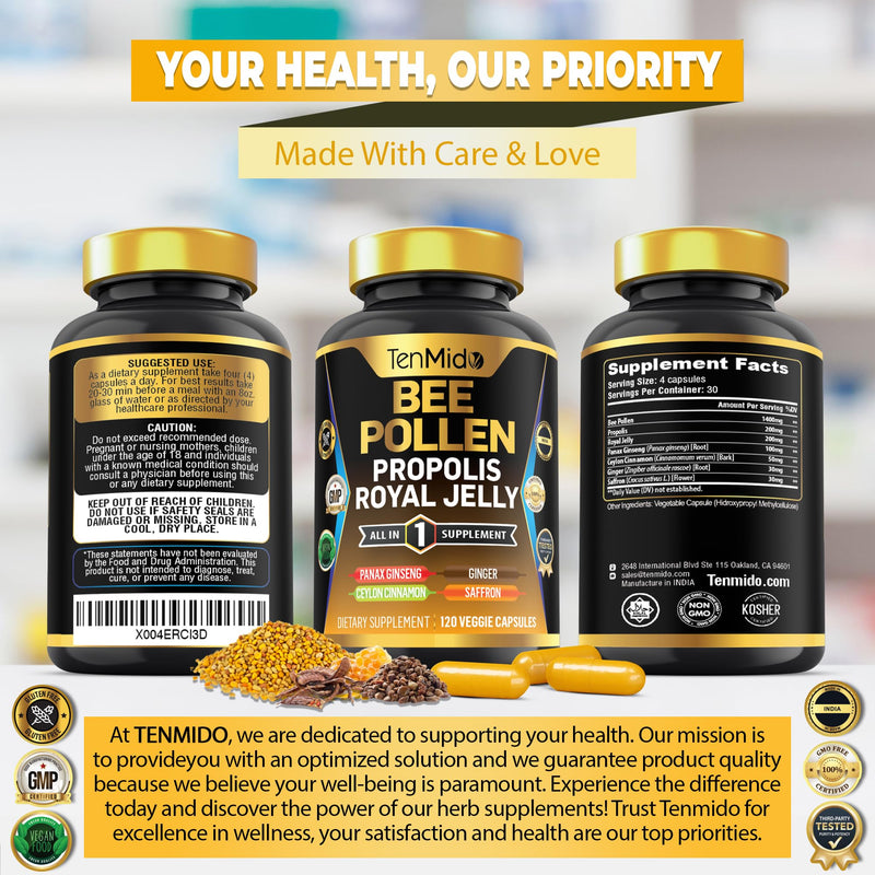 [Australia] - Bee Pollen Capsules Supplement - 7in1 Formula - Combine with Propolis, Royal Jelly, Panax Ginseng, Ceylon Cinnamon, Ginger, and Saffron - Digestive Health, Immune Support - 120 Capsules 