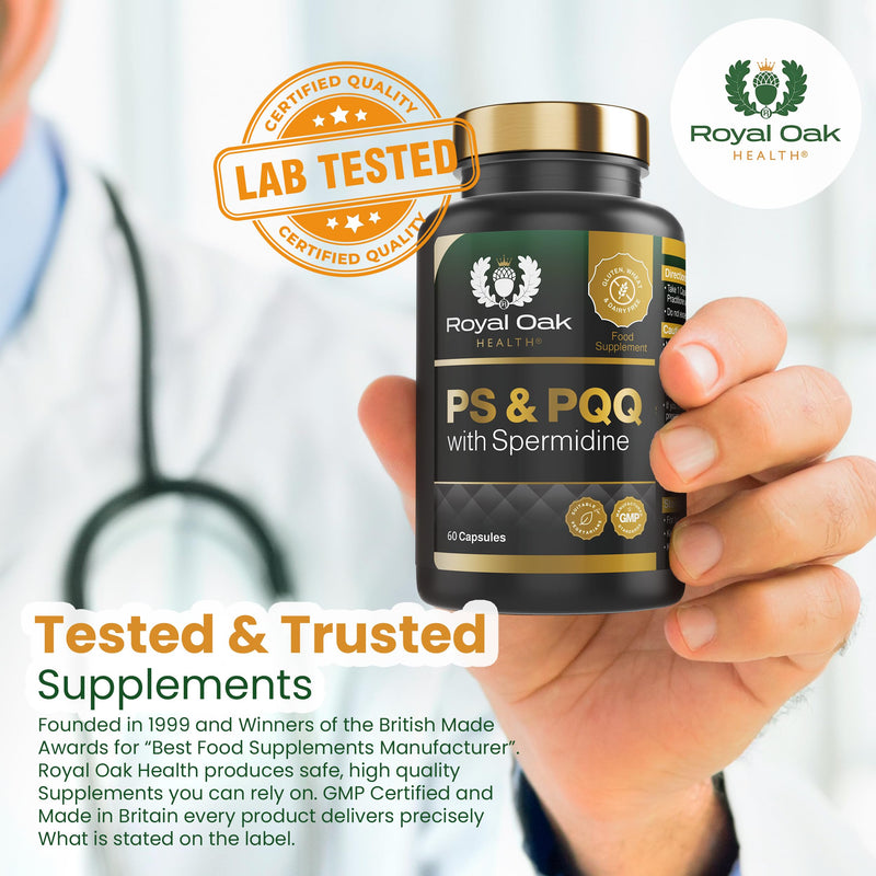 Phosphatidylserine 100mg, PQQ 10mg & Spermidine 3-in-1 Vegan Supplement - 60 Capsules, 2 Month Supply - UK Made, Non-GMO