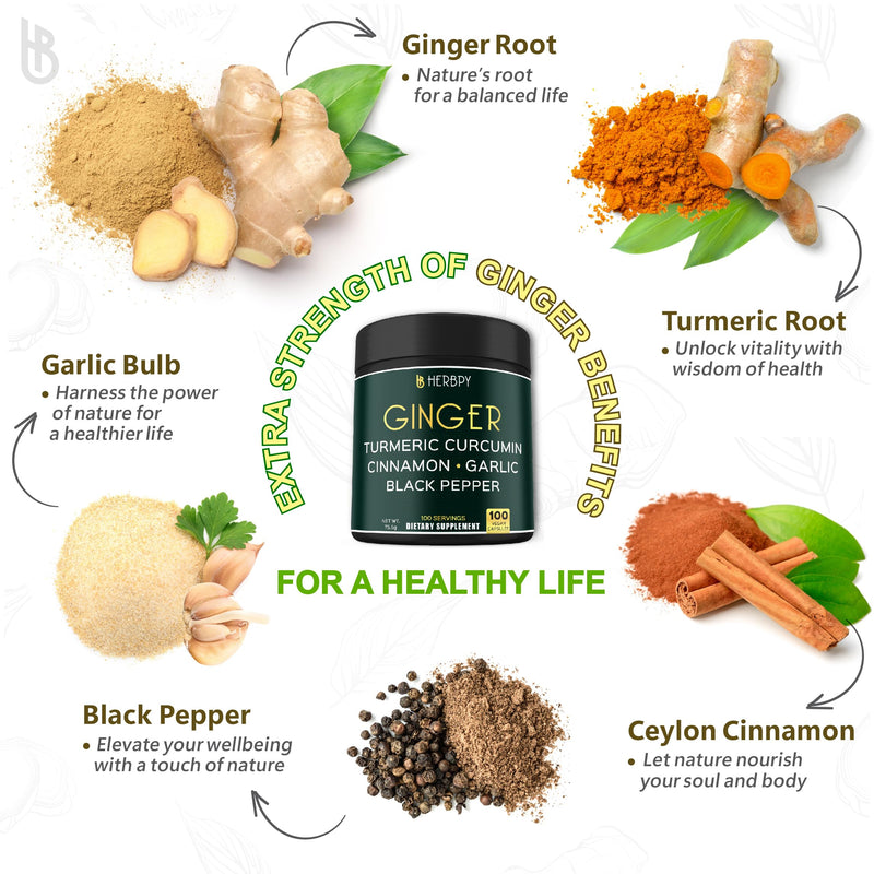 [Australia] - 5in1 Ginger and Turmeric Supplements with Ceylon Cinnamon, Garlic - Digestion, Immune, Brain & Heart Health Support - 100 Vegan Capsules 