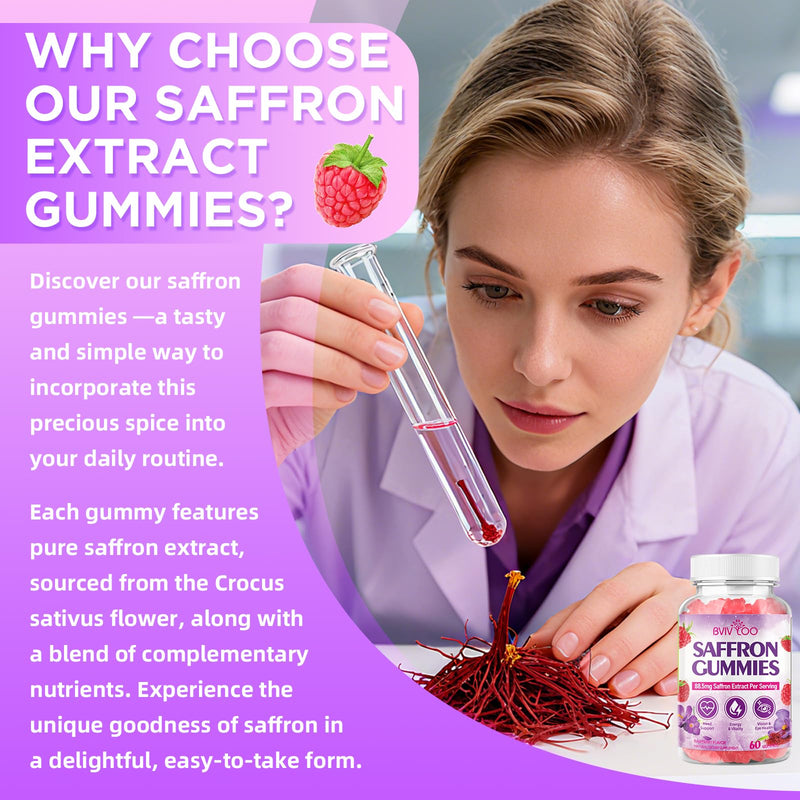 Saffron Gummies for Adult Kids, 10-IN-1 Formula with Saffron 88.5mg, Vitamins D3 & B6, Magnesium, Zinc, Ashwagandha, L-Theanine, St. John's Wort - Supports Mood & Focus, Raspberry Flavor, 120 Count 2-pack