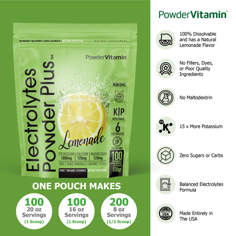 [Australia] - Electrolytes Powder Plus Keto, Lemonade (100 Servings) 0 Sugar, No Maltodextrin,1000mg Potassium,120mg Calcium,120mg Magnesium,Organic Vitamin C,Zero Calories, Energy Hydration Powder 