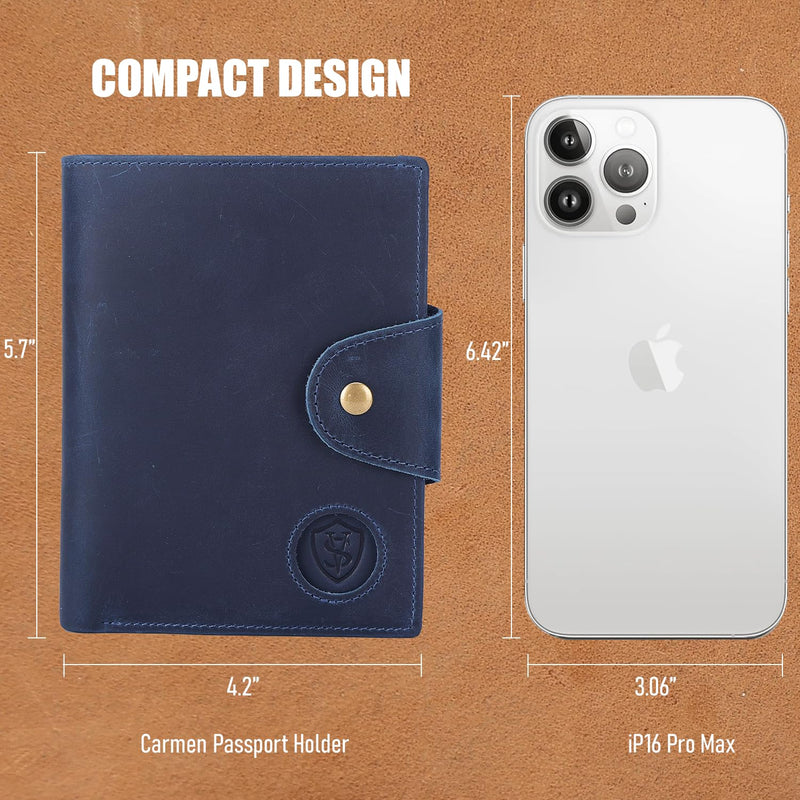 STAR VISTA Carmen Leather Passport Wallet, Dual Bifold Cash Pockets, RFID Blocking, ID Window, 6 Card Slots, Coin Pocket, SIM Slots, AirTag Slots, Navy Blue