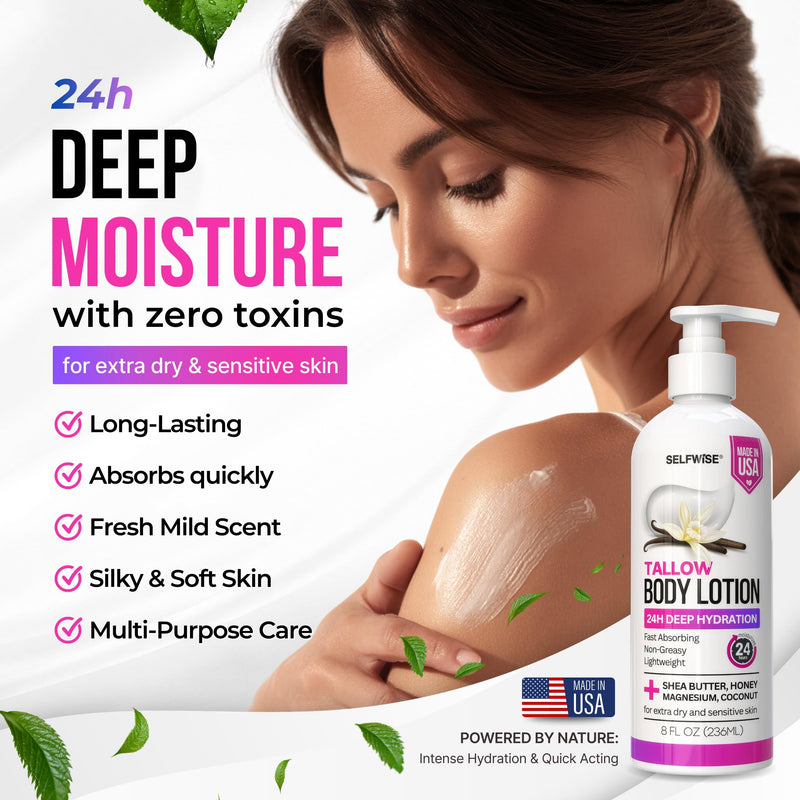 Beef Tallow Body Lotion with Magnesium, Shea Butter, Avocado, Honey - Natural Lotion with Vitamin E - Fast Absorbing, Non-Greasy Moisturizer for Dry & Sensitive Skin, Daily Hydrating Body Cream 8 Fl Oz (Pack of 1)