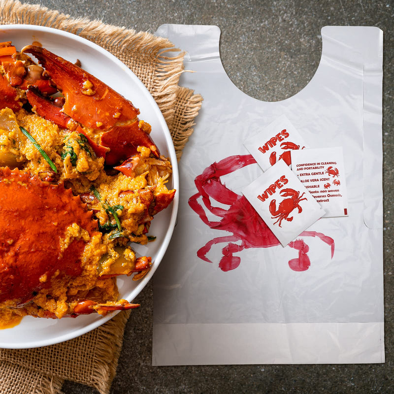 [Australia] - 100 Pcs Crab Bib Lobster Bib Wet Wipe Bundle 50 Pcs Disposable Adult Bibs 50 Pcs Moist Towelettes for Seafood Fest 