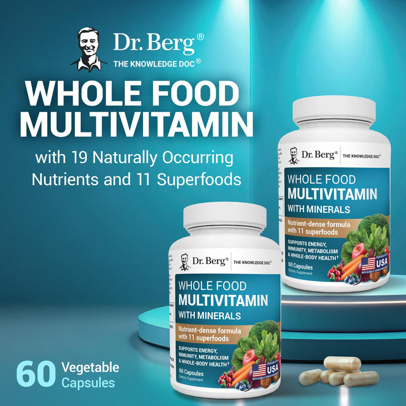Dr. Berg Whole Food Multivitamin with Minerals - Daily Multivitamin for Men and Women - Includes Premium Whole Food Fruits and Vegetable Blend with Folate, Alpha-lipoic Acid and More - 60 Capsules Multivitamin & Mineral Support