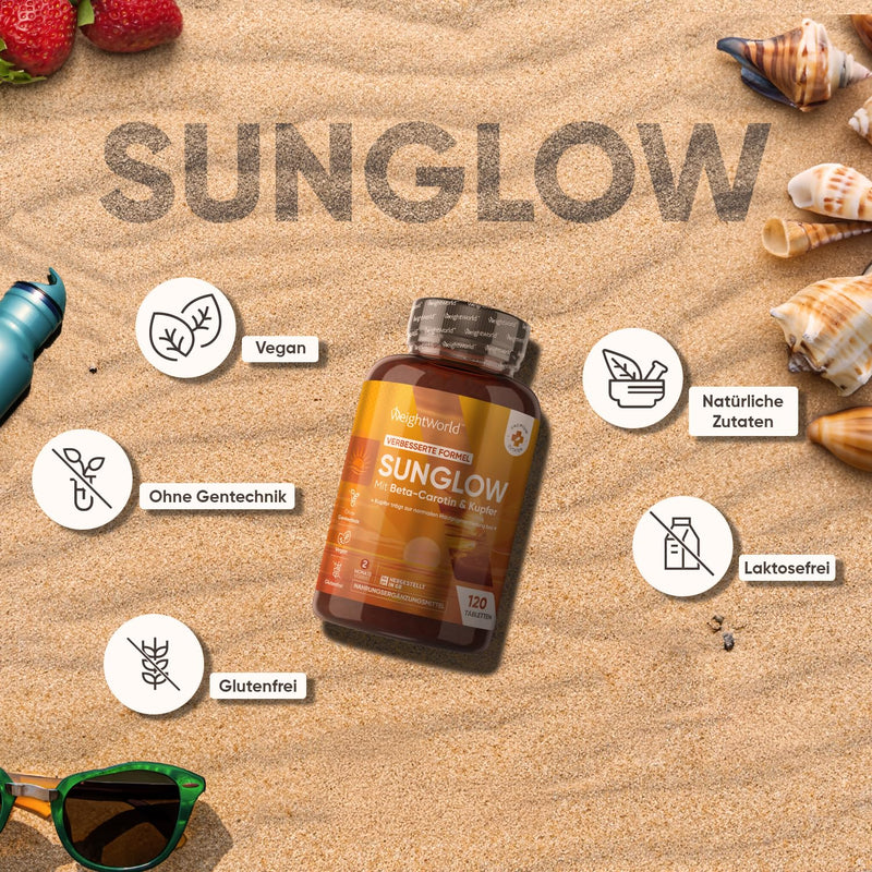 [Australia] - Sunglow Beta Carotene Complex as a tanning accelerator - 120 tablets - Vegan alternative to tanning capsules - For skin pigmentation & oxidative stress with copper, zinc, iodine, vitamin A, B3 & B2 