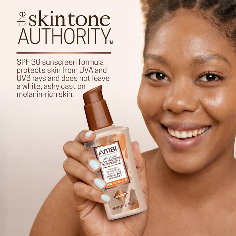 AMBI Even & Clear Facial Moisturizer SPF 30, Daily Face Lotion for Uneven Skin Tone, Hyaluronic Acid, Vitamins C & E, Lightweight Sunscreen, No White Cast, For All Skin Types, 3.5 Fl Oz
