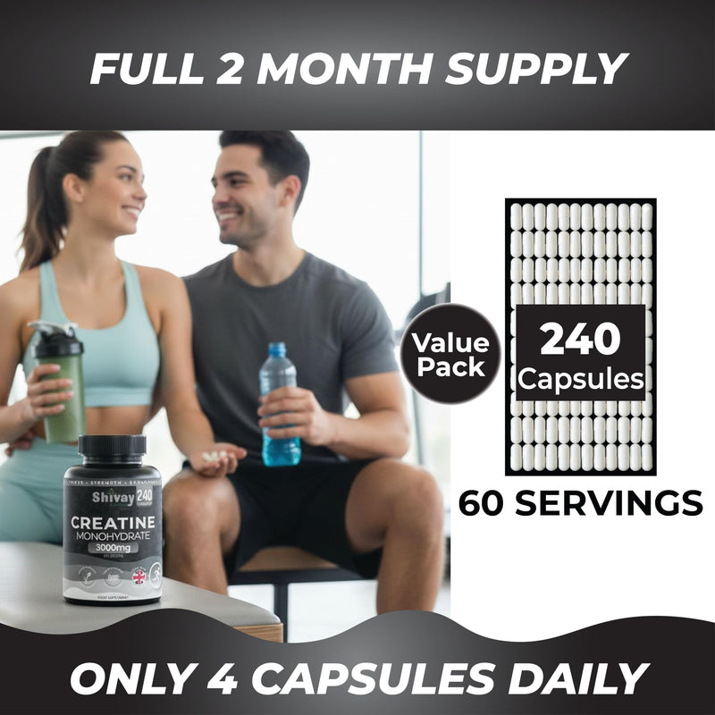 Creatine Monohydrate 240 Vegan Capsules – 3000mg per Serving | High Strength Pure Micronised Creatine | Muscle Strength, Power & Endurance - Made in UK by Shivay Herbals 240 Capsules