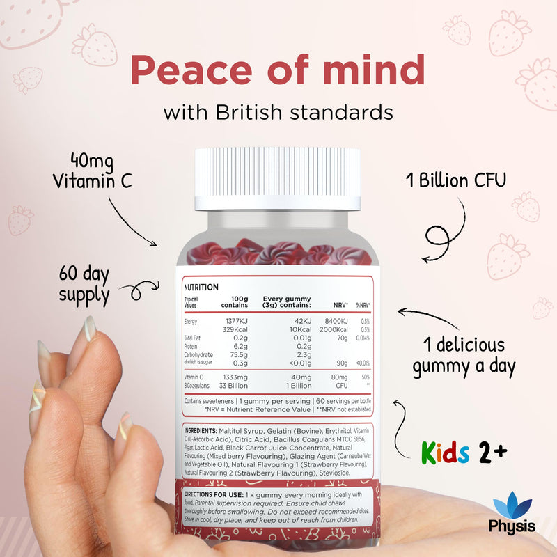 Physis Tum Tums Sugar Free Gummies 2+ | 1 Billion CFU & Vitamin C | Toddlers (Chewing Age) & Children | Gut, Good Health & Immunity | Daily Routine Support | Live Cultures | 60 Strawberry Gummies 60 count (Pack of 1)