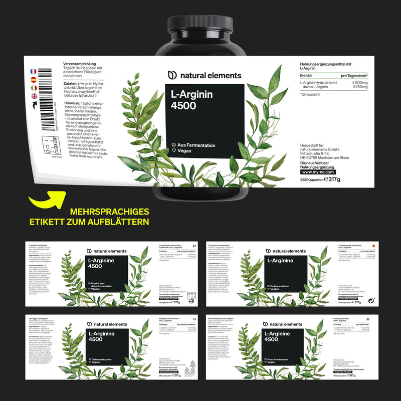 [Australia] - L-Arginine - 365 capsules - High dosage: 4,500mg vegan L-Arginine HCL per daily dose (3,750mg pure L-Arginine) - high dosage - made in Germany & laboratory tested 