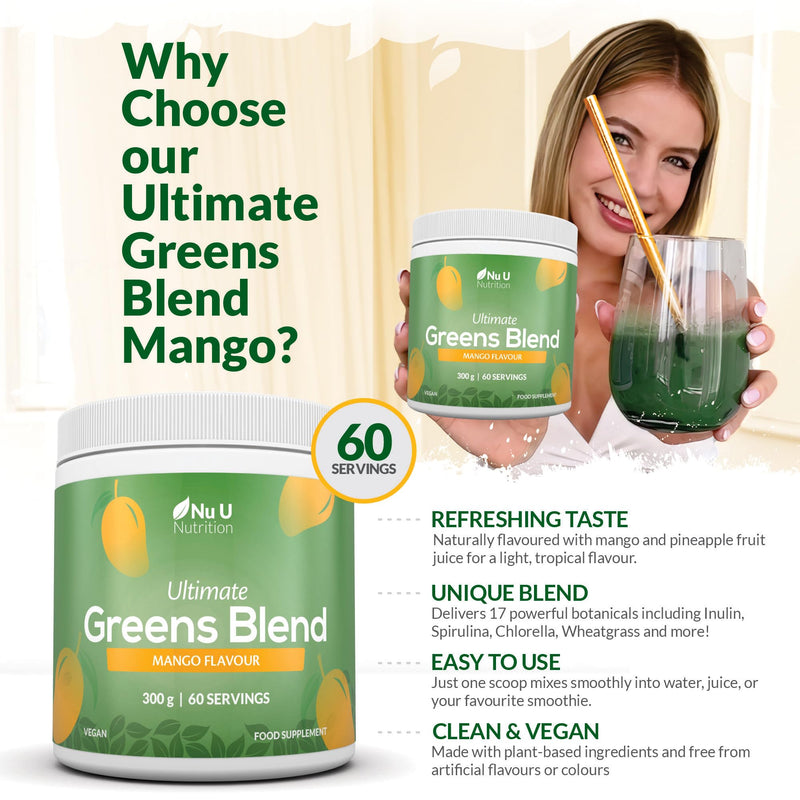 Nu U Nutrition - Super Greens Blend Mango Powder 300g - 17 Active Superfood Ingredients - 60 Servings - Vitamin & Mineral Rich Supplement - 100% Vegan, No Additives