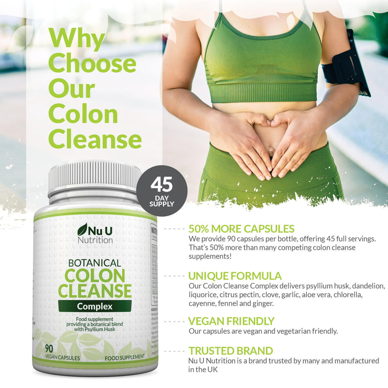 Colon Cleanse Detox Complex - 90 Vegan Capsules - 11 Prebiotic, Fibre & Herbal Ingredients - Psyllium Husk, Aloe, Dandelion & More - Made in the UK - Nu U Nutrition