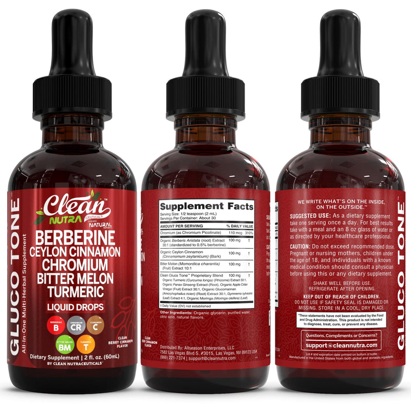 Clean Nutra Berberine with Ceylon Cinnamon Supplement Liquid Drops + Bitter Melon Extract, Glucomannan, Gymnema, Chromium, Turmeric, Organic Panax Ginseng, Moringa 1