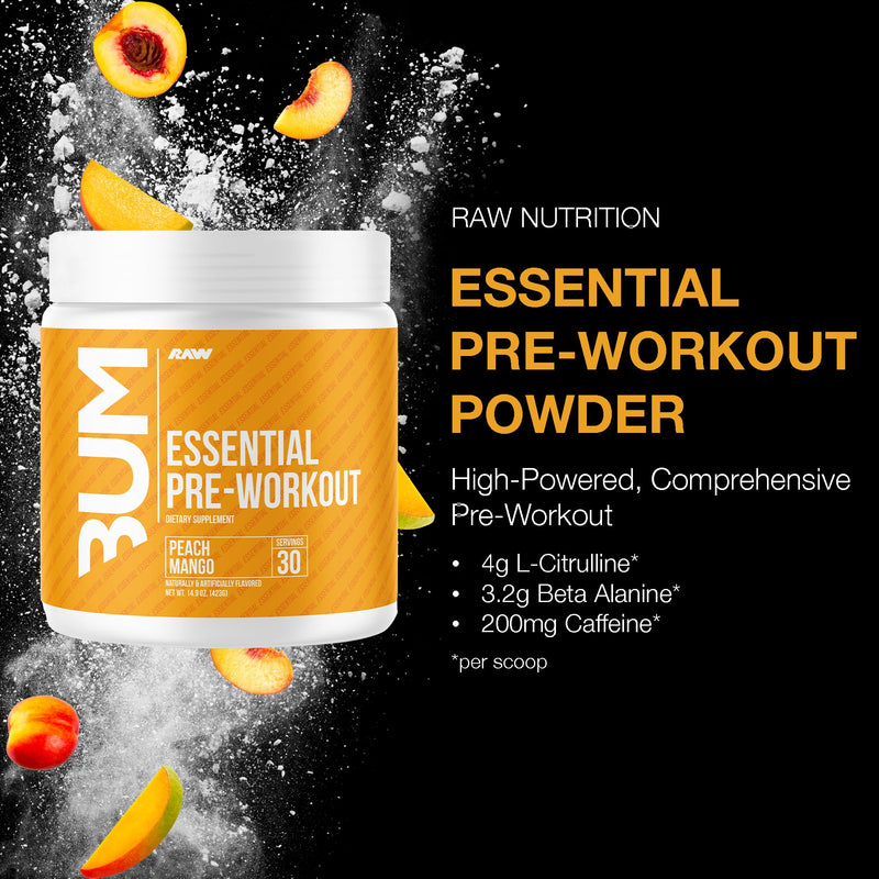 [Australia] - RAW Nutrition - Essential Pre - Chris Bumstead Pre Workout Formula, Sports Nutrition Pre-Workout Powders | Men & Womens Drink, Energy Powder for Working Out (Peach Mango) PEACH MANGO 