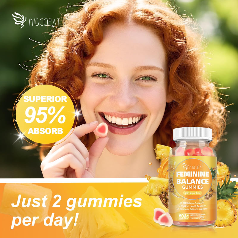 Migcopat Premium Feminine Balance Gummies – 2 Pack, Probiotic + Enzyme Blend for Digestive, Hormone & PH Balance, Pineapple Flavor, 120 Gummies 120 Count (Pack of 1)
