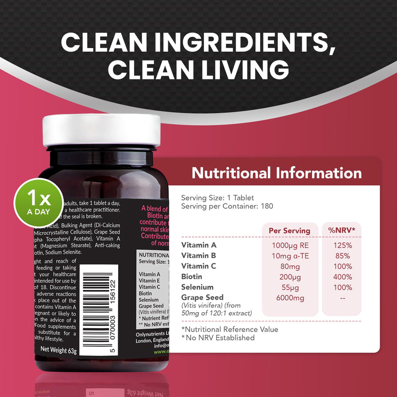 Hair Skin and Nails Vitamins, Beauty Supplements with Biotin & Selenium Plus Vitamin C, A & E, High-Strength Vegan Supplements for Women/Men, 180 Biotin Tablets