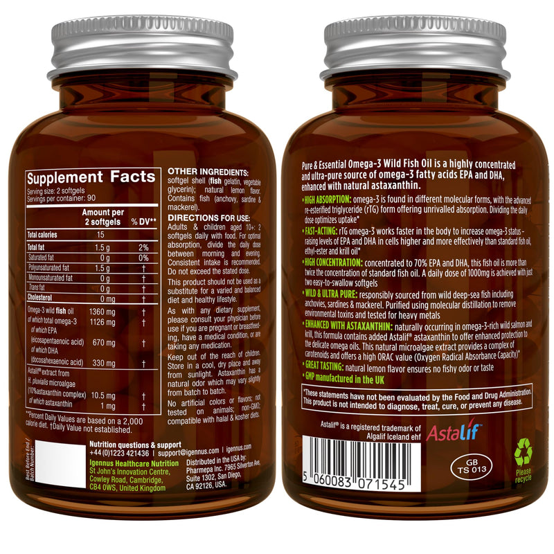 [Australia] - Igennus Ultra Pure Omega 3 Triglyceride rTG Wild Fish Oil 1360mg, IFOS Certified, EPA DHA 1000mg Plus Astaxanthin, Non-GMO, for Men & Women, 180 Softgels 