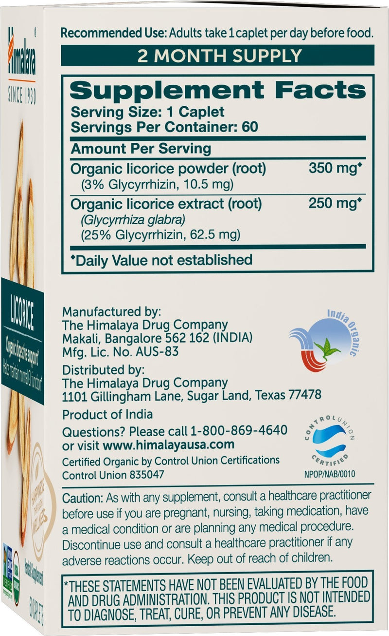 [Australia] - Himalaya Organic Licorice Root Herbal Supplement, Non-DGL, Occasional Heartburn and Indigestion Relief, Upset Stomach Relief, Digestive Support, Non-GMO, USDA Organic, Vegan, 60 Plant-Based Caplets 60 Count (Pack of 1) 