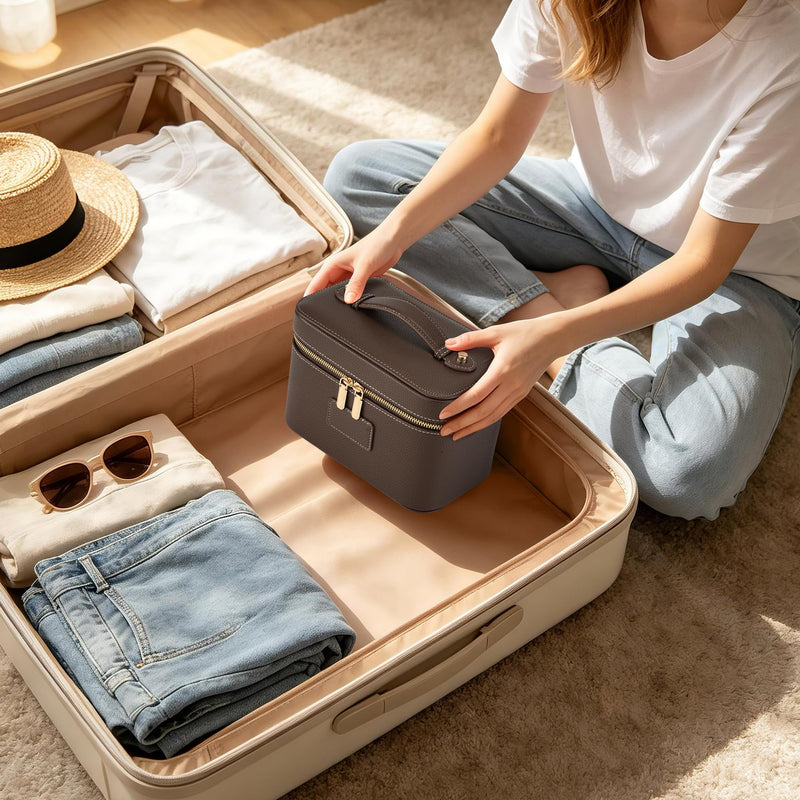 Makeup Bag Travel Toiletry Leather Cosmetic Case, Waterproof Makeup Organizer with Brush Holder, Wipe Clean Removable Divider Vanity Train Bag for Women, Coffe