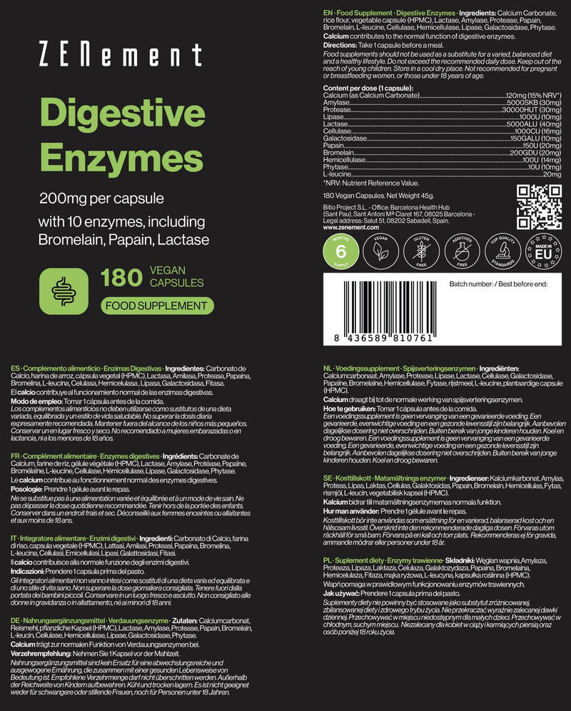 [Australia] - Digestive Enzymes - 10 Enzymes including Bromelain and Papain, High Concentration - 200mg per Capsule - 180 Vegan Capsules - Suitable for All Diets - No Additives, Gluten Free 