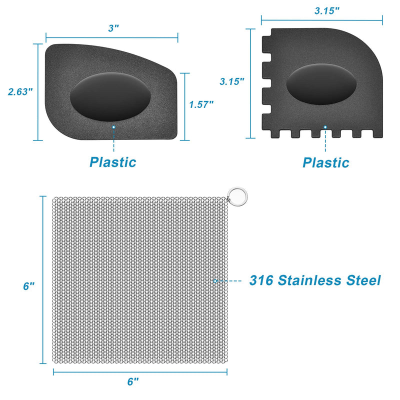 [Australia] - SUBEKYU ANTI-SCRATCH Cast Iron Scrubber with Pan and Grill Scrapers, 316 Stainless Steel Chain Mail Scrubber Cast Iron Cleaner, Metal Cleaning Kit Tools Include Chainmail Scrubber, 6"x6" Silvery+black 6"x6" 