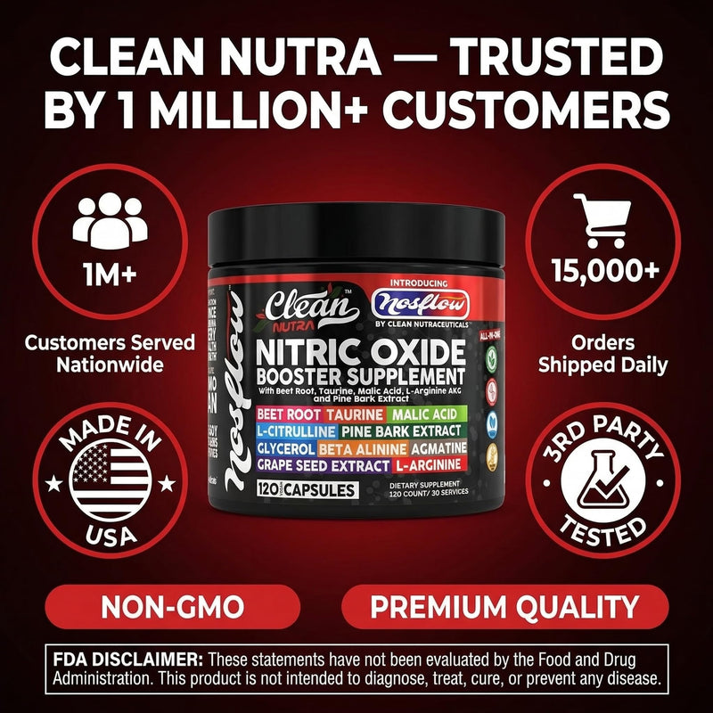 NosFlow Nitric Oxide Supplements for Men | Beet Root Taurine L-Arginine Malic Acid L-Arginine L-Citrulline Pine Bark Glycerol Agmatine Grape Seed Vitamin C B12 B3 By Clean Nutra 1
