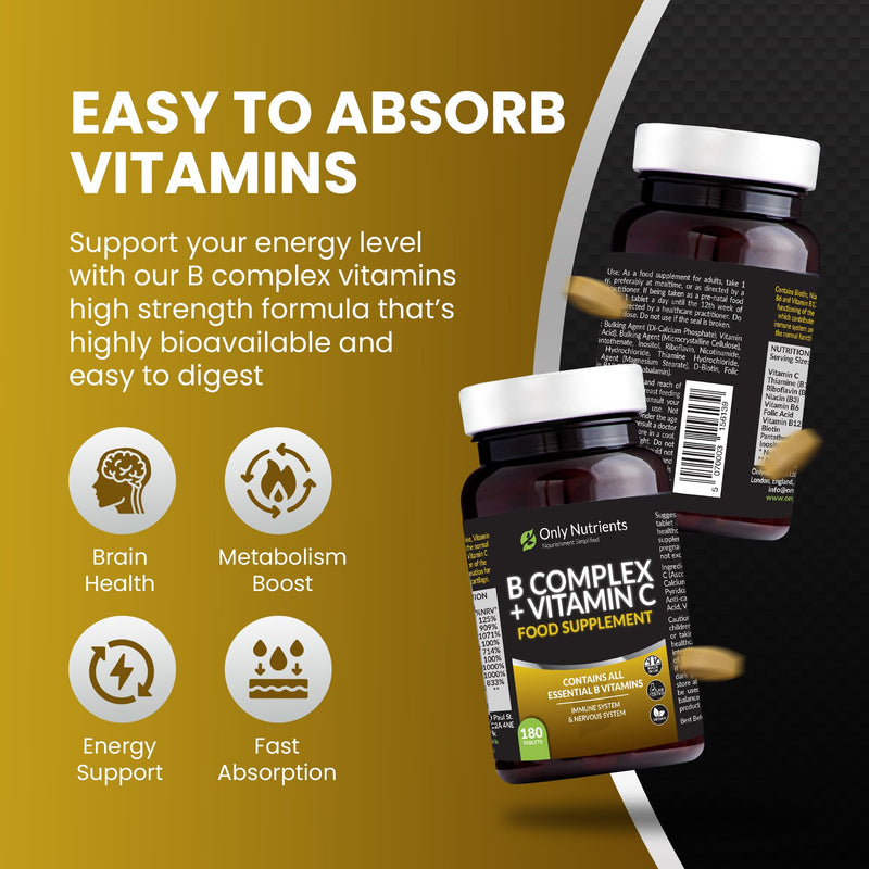 B Complex + Vitamin C Tablets Supplement, Comprehensive Vitamin B Complex, High-Strength Energy, Nervous & Immune System Support with Biotin, 180 Multivitamin Tablets for Women/Men