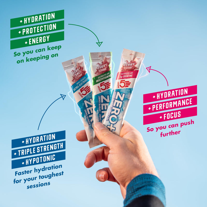 HIGH5 Zero+ Creatine & Electrolytes Hydration Sachets - Sugar Free Electrolytes Powder with 5g Creatine Monohydrate for Performance, Power & Focus - Rehydration Sachets (Berry, 16 x 11.5g) Berry