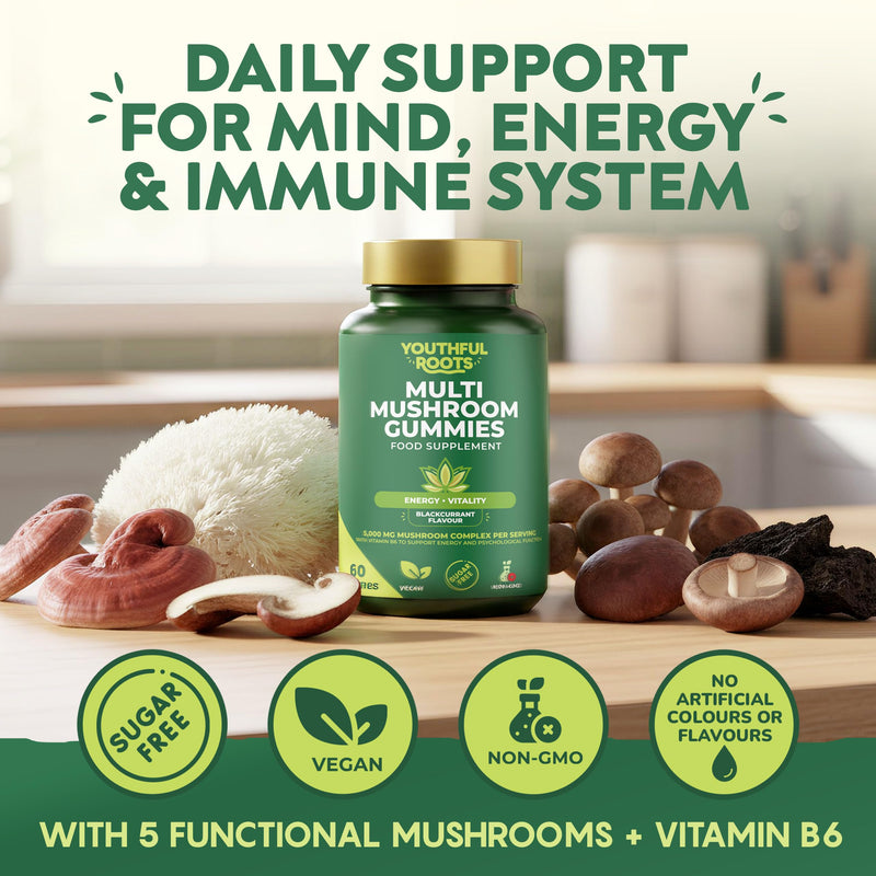 Multi Mushroom Gummies 6-in-1 with Lions Mane, Reishi, Shiitake & Vitamin B6 - Focus, Energy & Vitality - Vegan & Sugar-Free - 60 Gummies for Kids & Adults