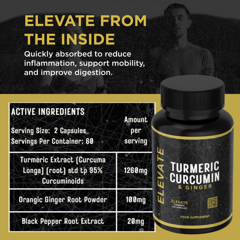 Turmeric Curcumin Capsules 1260mg with Black Pepper & Organic Ginger | 95% Curcuminoids | Enhanced Absorption Formula | Vegan, Non-GMO | 120 Capsules