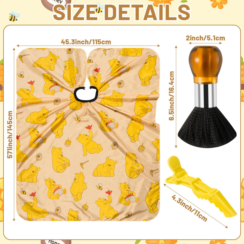 Barber Cape Duster Brush Clip Set- Cute Yellow Bear Theme Kids Hair Cutting Set Hairdressing Adjustable Neck Cape Hair Brush Duster With Clips Salon Barber Supplies for Children Boys Girls