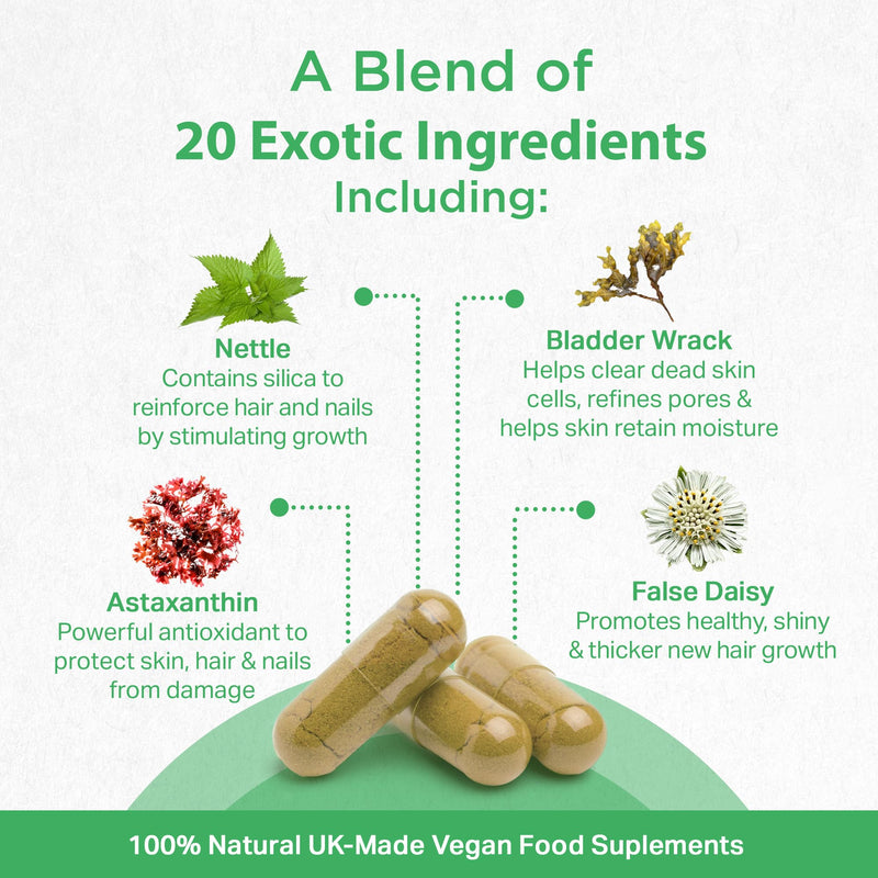 Strength & Spices Hair, Skin & Nails 100% Natural Supplement – 20 Ingredients w Biotin Selenium & Zinc - 60 Vegan UK Made 1000mg Capsules – Hair & Nails Growth, Collagen Formation