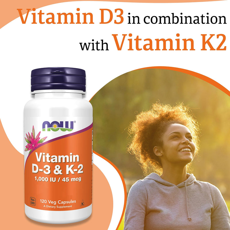 Now Foods, Vitamin D3 & K2, 1,000IU, 120 Capsules, Lab-Tested, Multivitamins, Gluten Free, Soy Free, Vegetarian