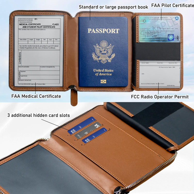 Pilot Wallet Passport Holder RFID Blocking Nappa Leather Travel Wallet, Stylish Travel Companion for Aviation Professionals (Brown Silver) Brown Silver