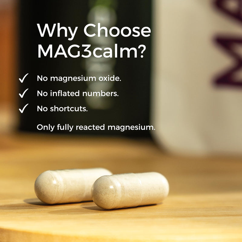 MAG3calm Triple Magnesium+KSM-66® Ashwagandha - 274mg Unbuffered - Magnesium Bisglycinate, Citrate & Malate - Sleep, Fatigue, Mood & Muscle Recovery - 60 Capsules - 2 Month Supply - Non GMO - UK Made