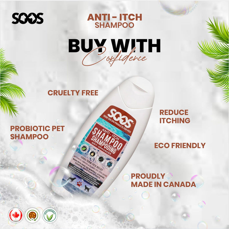 Soos Pet Dog Shampoo for Cats and Pets Anti-Itch Dead Sea Minerals Fast Absorbing Clean Fur with Vitamins Essential Oils Natural Ingredients Antiba-cterial and Antif-ungal - 1x Pet Shampoo (500ml) - PawsPlanet Australia