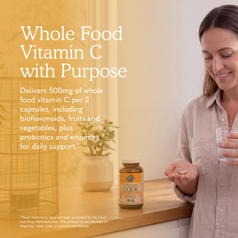 Garden of Life Vitamin Code Raw Vitamin C - 120 Capsules, 500mg Whole Food Vitamin C Capsules + Fruit & Veggie Blend & Probiotics, Supplements for Adults, Vegan, Gluten Free 120 Count (Pack of 1)