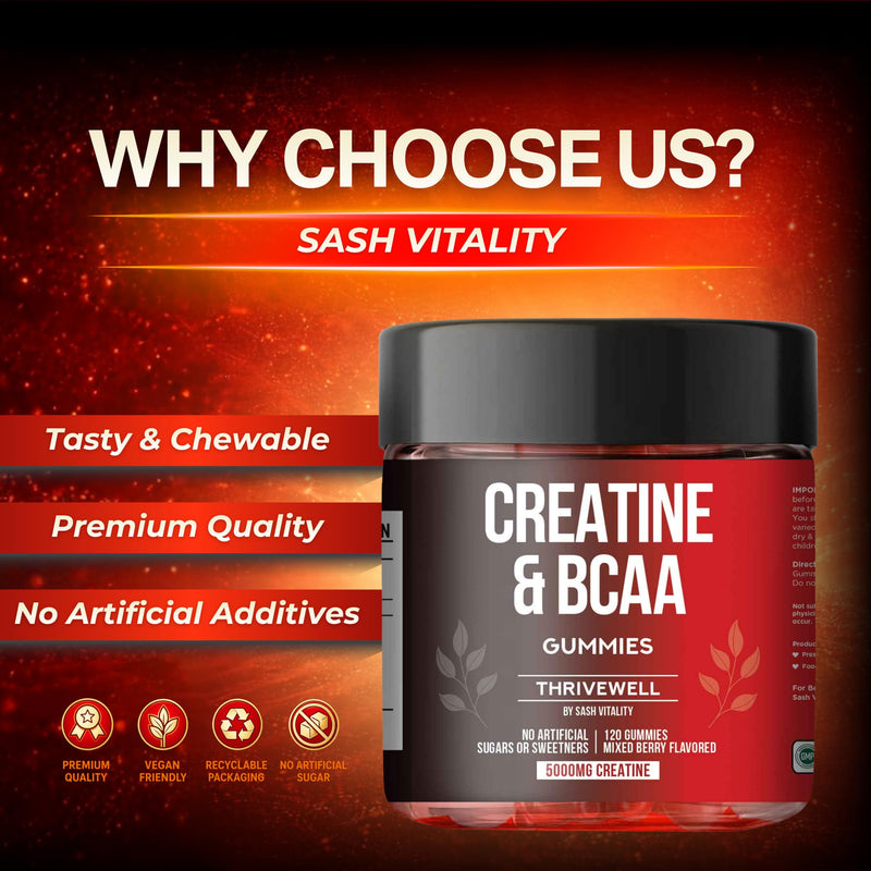 Creatine Monohydrate Gummies 5000mg with 1000mg BCAAs | 45 Days Supply | Naturally Sweetened | No Artifical Sugars | Premium Vegan Gummies | Mixed Berry Flavour | 120 Gummies 1 count (Pack of 120)