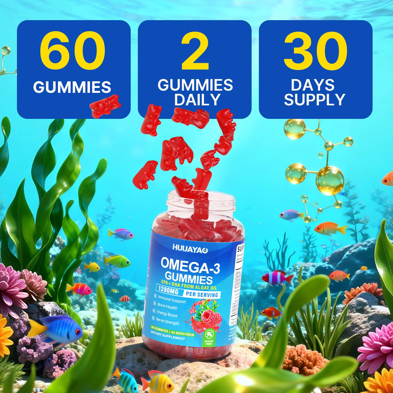 Vegan Omega-3 Gummies 1280mg, Omega 3 Fish Oil Alternative for Adults w/EPA 400mg & DHA 600mg & Vitamin A, C, E Supports Brain, Eye & Immune Health, Sugar Free, Raspberry Flavor, 120 Count 120 Count (Pack of 1)