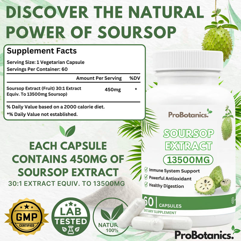 Soursop Capsules | Full Spectrum 13500mg 30:1 Extract Per Serving | Potent Antioxidant & Immune Support - 60 Capsules
