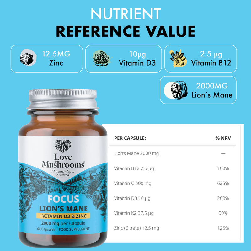Lion’s Mane Plus Vitamin D3 & Zinc Capsules | Cognitive Support, Immunity Boost, Energy & Vitality | 60 Capsules, Vegan, Made in UK