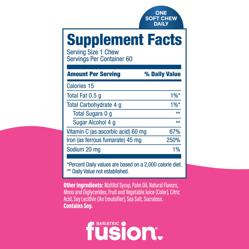 [Australia] - Bariatric Fusion Iron Supplement for Women Anemia | Chewable Iron with Vitamin C | Watermelon Flavored Soft Chew | Gentle on Stomach Ferrous Fumarate for Women and Men | Gluten Free | 60 Count 
