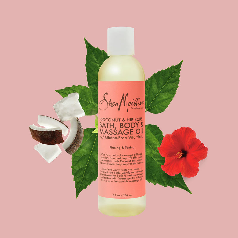 Shea Moisture Coconut & Hibiscus Massage Oil and Body Oil for Dry Skin, Bath Oil with Coconut Oil and Vitamin E Oil for Skin, 8 oz | For Dull Skin. Creates glowing skin.