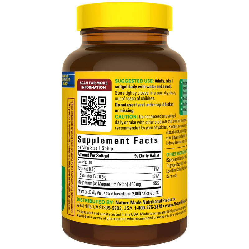 Nature Made Magnesium Oxide Extra Strength 400 mg, 60 Softgels | Magnesium Supplements for Men and Women, Support for Muscle, Nerve, Bone and Heart, 60 Day Supply 60 Count (Pack of 1)