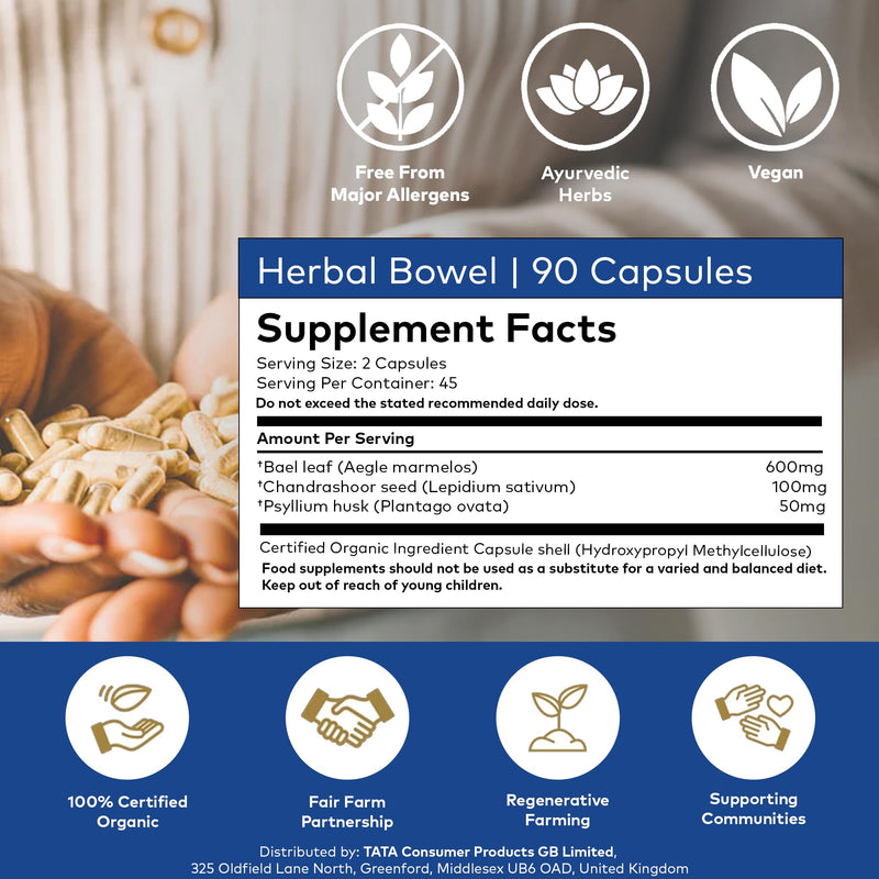 Organic India Herbal Bowel Formula - Organic Bael Leaf, Chandrashoor Seed & Psyllium Husk - Supports Digestive Balance & Regularity - Supplements for Men & Women - Vegan & Additive Free - 90 Capsules