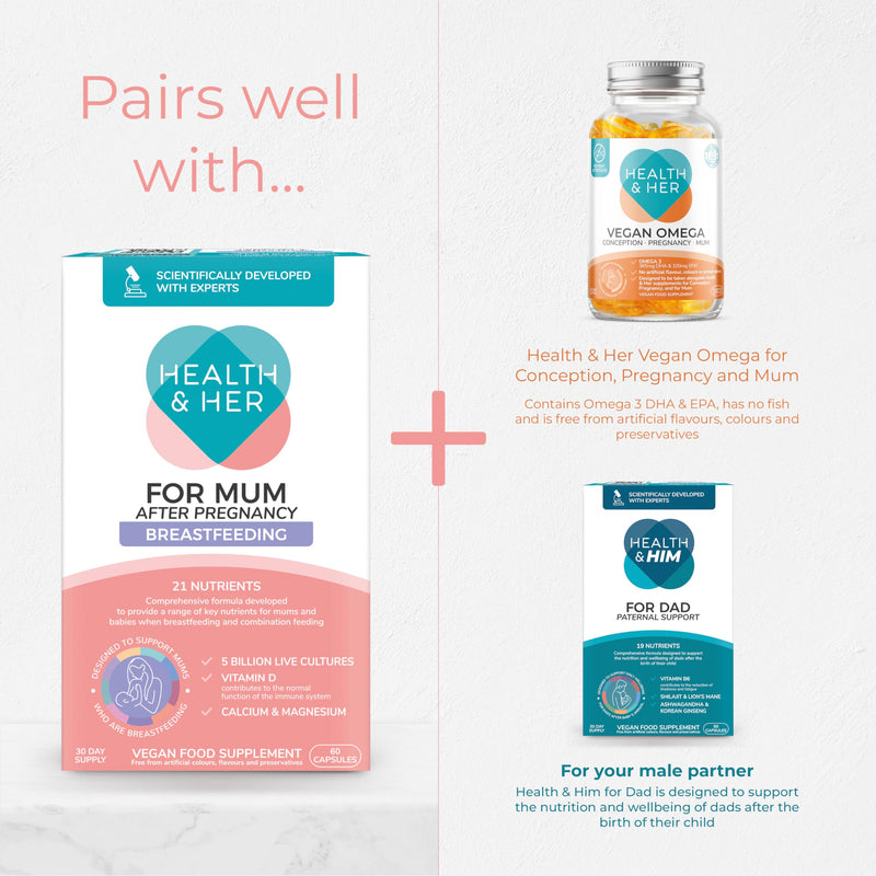 Health & Her For Mum After Pregnancy Breastfeeding Supplement - Postnatal vitamins for women - Contains 5bn live cultures, Vitamin D, Calcium, Magnesium - 1 month supply - 60 CAPSULES - Vegan & Gluten 60 count (Pack of 1)