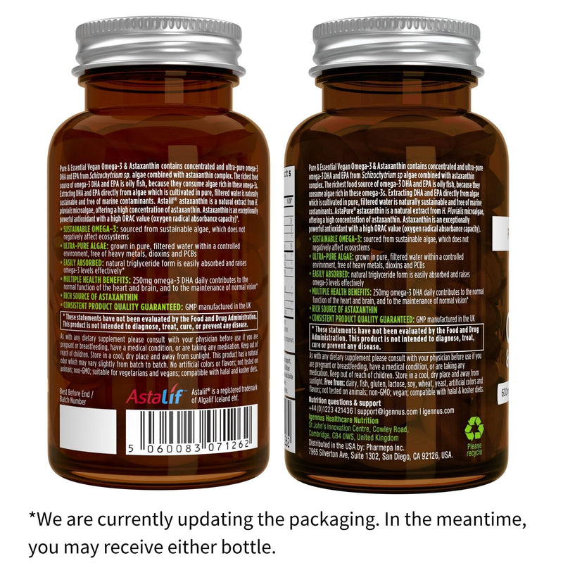[Australia] - Igennus Vegan Omega-3 Natural Triglyceride Algae Oil, DHA & EPA Fatty Acid Supplement, 60 Small Softgels with Astaxanthin, Easy-to-Swallow, Pure & Sustainable, 30 Servings Unflavored 60 Count (Pack of 1) 